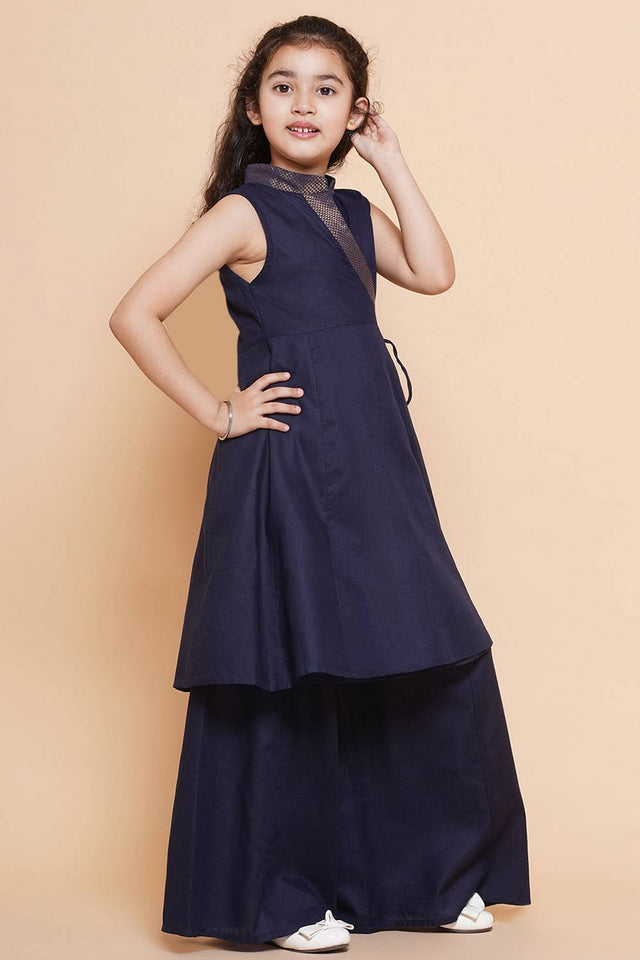 Girl's Navy Blue Solid Cotton Kurta Set