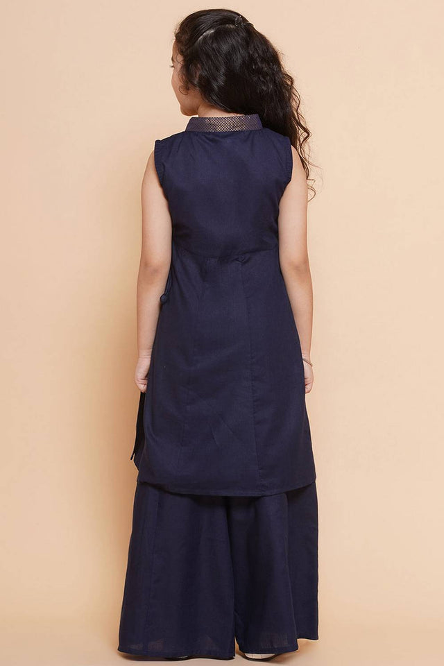 Girl's Navy Blue Solid Cotton Kurta Set