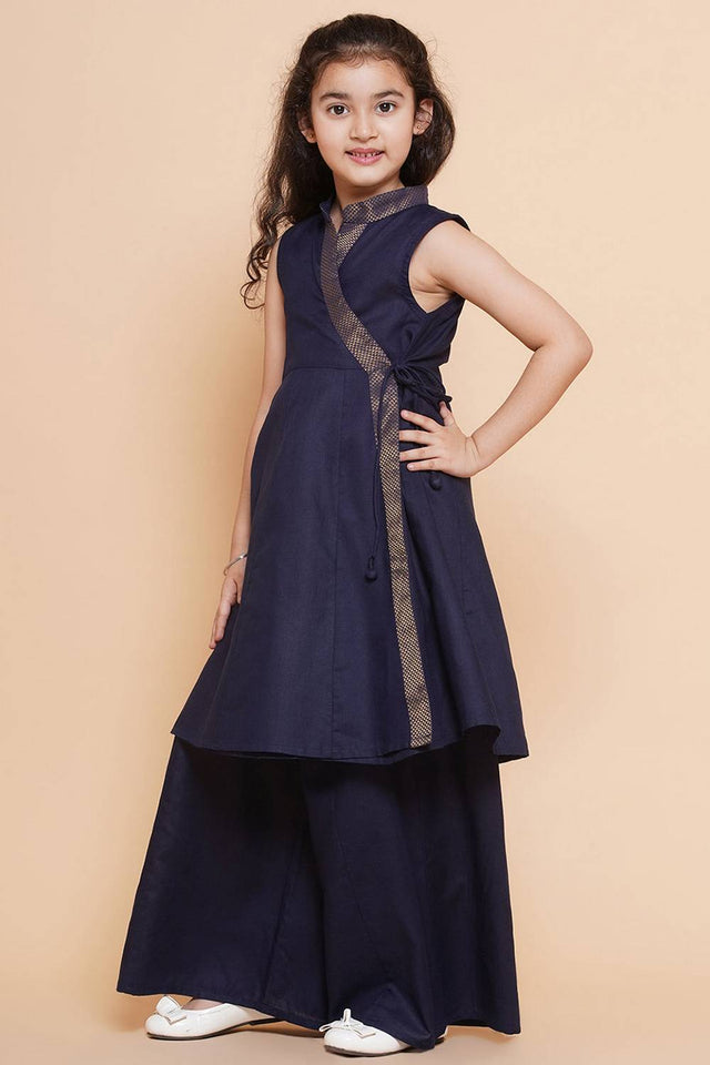 Girl's Navy Blue Solid Cotton Kurta Set