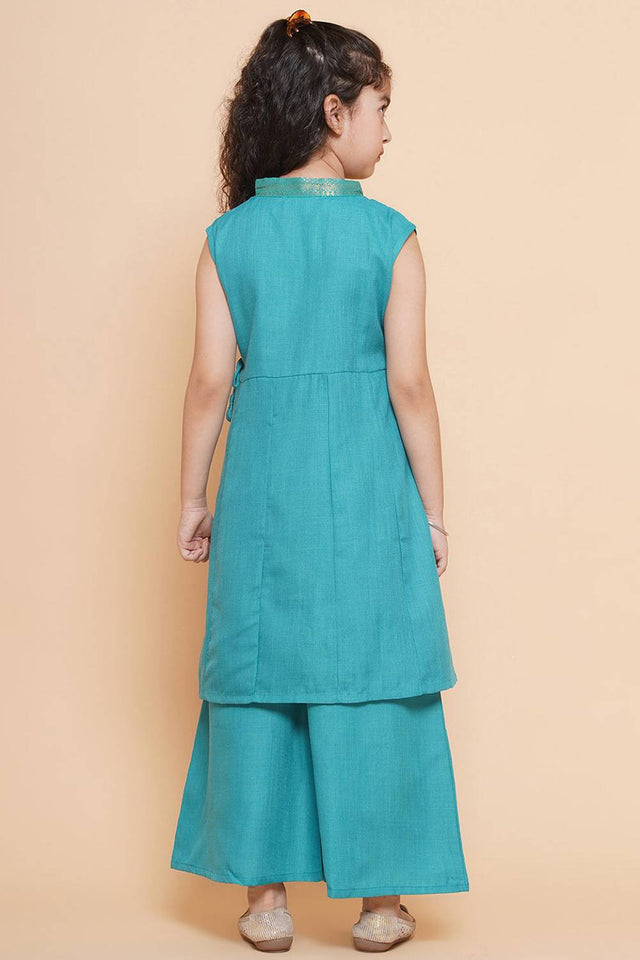Girl's Blue Solid Cotton Kurta Set