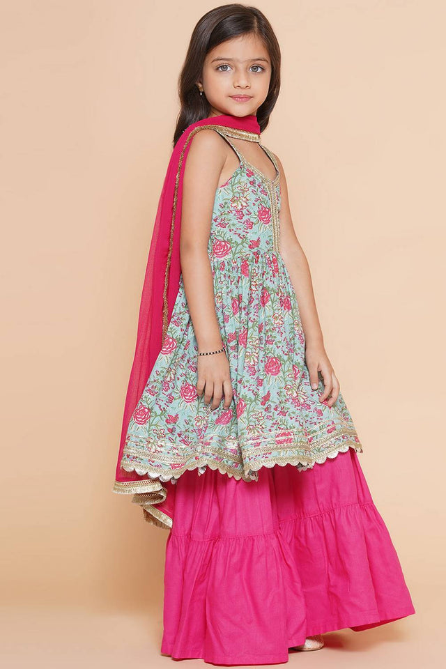 Girl's Blue Floral Printed Cotton Kurta Set