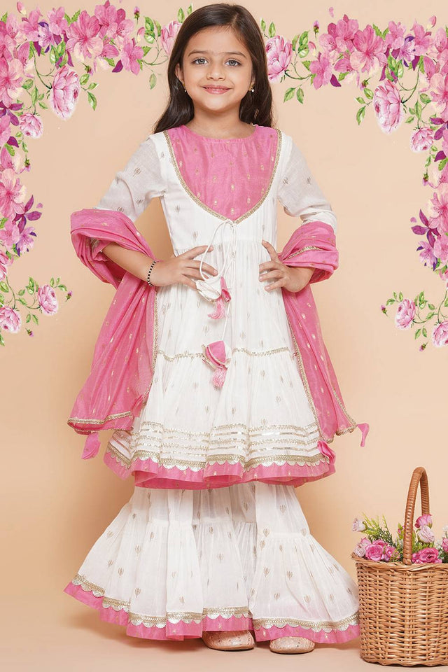 Girl's White Ethnic Motifs Printed Cotton Kurta Set