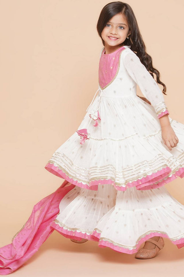 Girl's White Ethnic Motifs Printed Cotton Kurta Set
