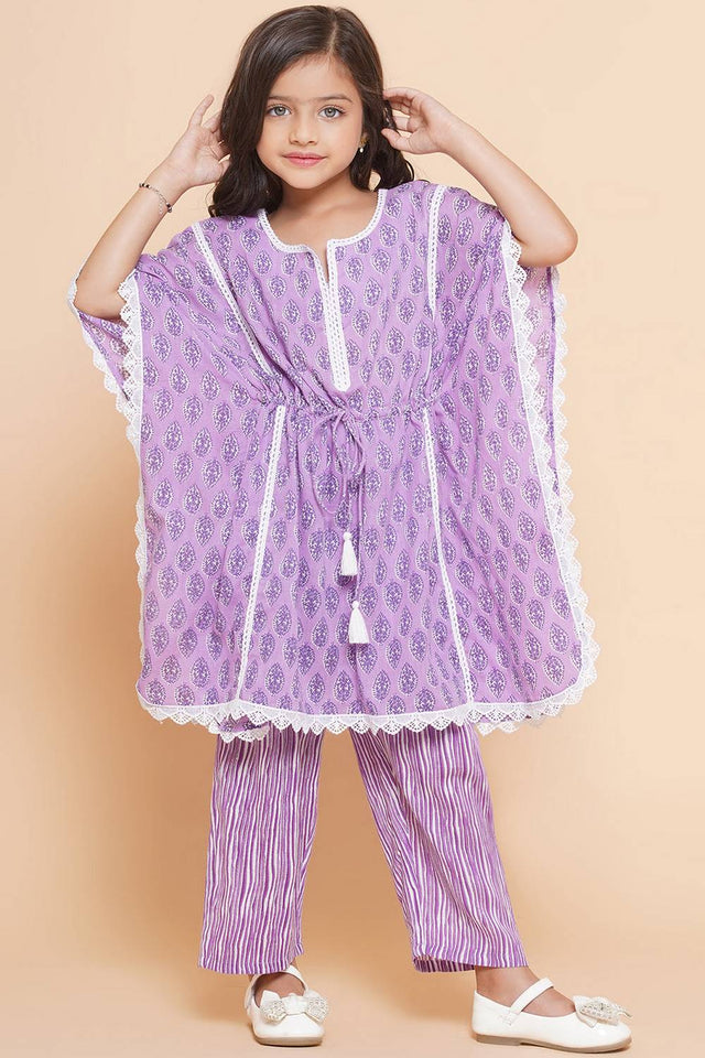 Girl's Violet Printed Cotton Kurta Set