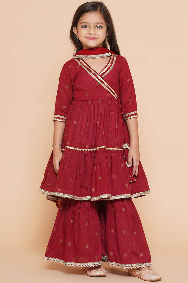 Girl's Maroon Ethnic Motifs Foil Printed Cotton Kurta Set