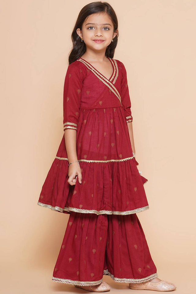 Girl's Maroon Ethnic Motifs Foil Printed Cotton Kurta Set