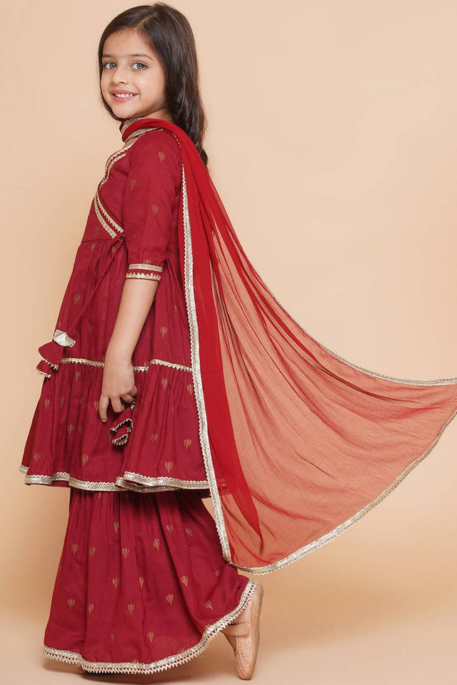 Girl's Maroon Ethnic Motifs Foil Printed Cotton Kurta Set