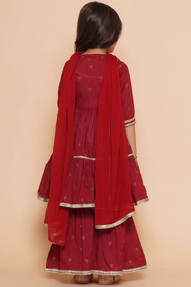 Girl's Maroon Ethnic Motifs Foil Printed Cotton Kurta Set