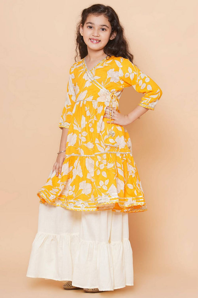Girl's Yellow Floral Printed Cotton Kurta Set