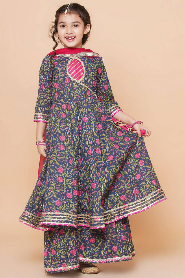 Girl's Blue Floral Printed Cotton Kurta Set