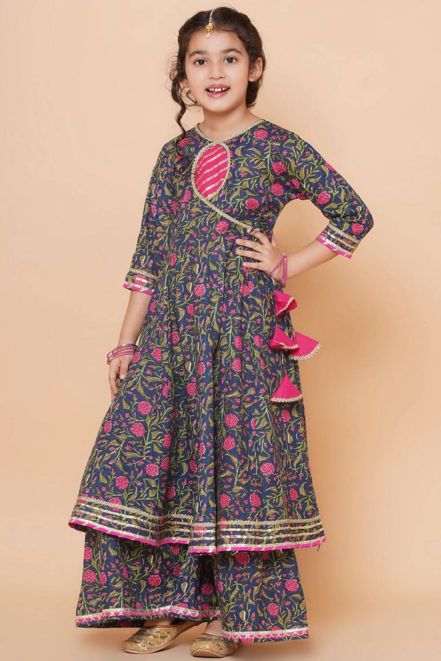 Girl's Blue Floral Printed Cotton Kurta Set