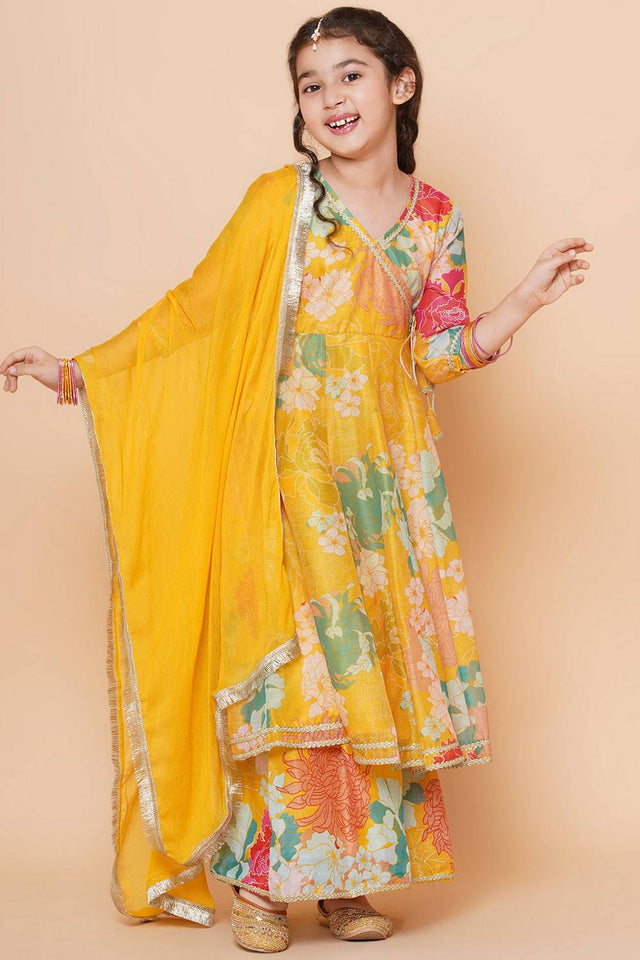 Girl's Yellow Floral Printed Silk Kurta Set
