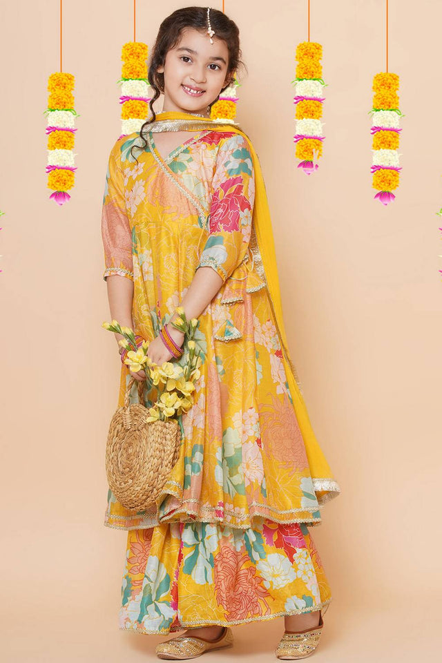 Girl's Yellow Floral Printed Silk Kurta Set