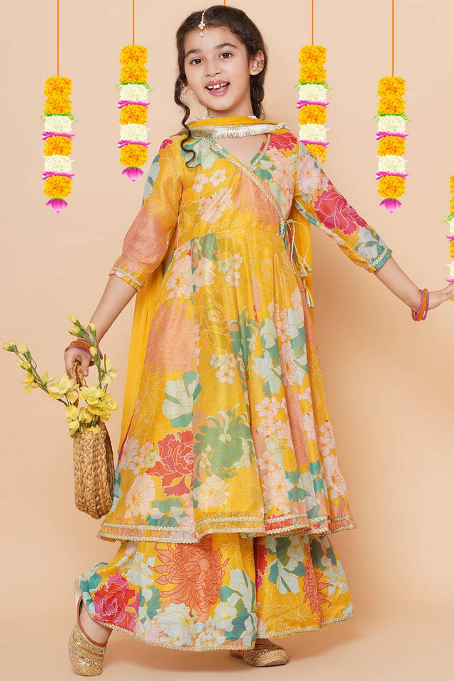 Girl's Yellow Floral Printed Silk Kurta Set