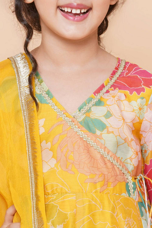 Girl's Yellow Floral Printed Silk Kurta Set