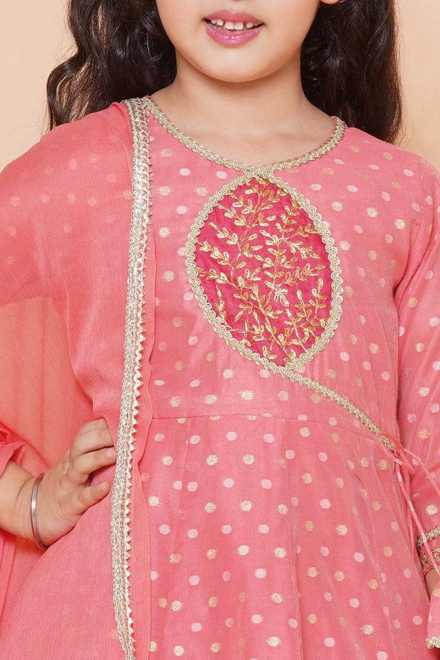 Girl's Peach Woven Silk Kurta Set