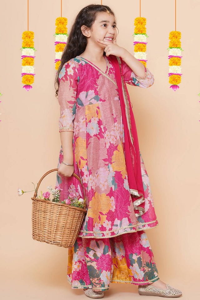 Girl's Pink Floral Printed Silk Kurta Set