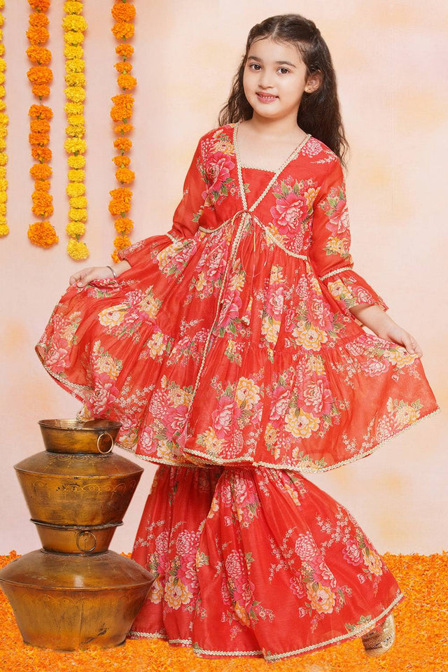 Girl's Red Floral Printed Silk Kurta Set