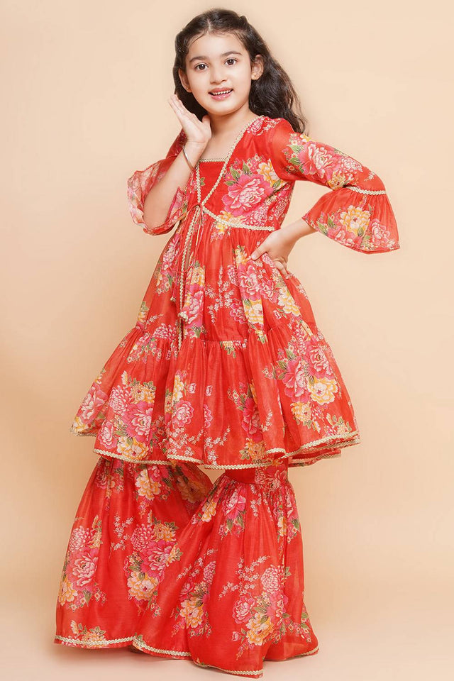 Girl's Red Floral Printed Silk Kurta Set