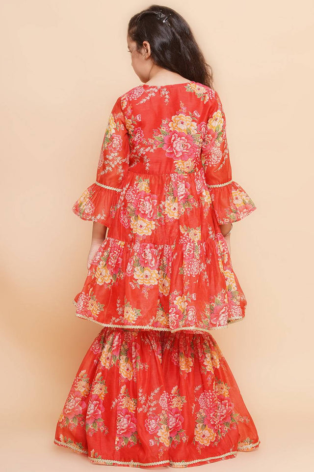 Girl's Red Floral Printed Silk Kurta Set