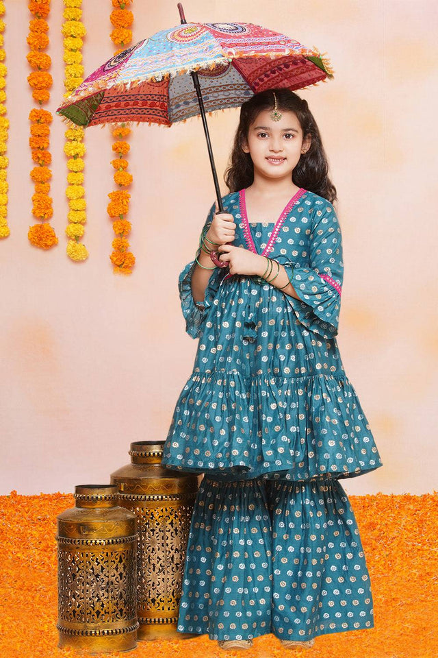 Girl's Turquoise Printed Silk Kurta Set
