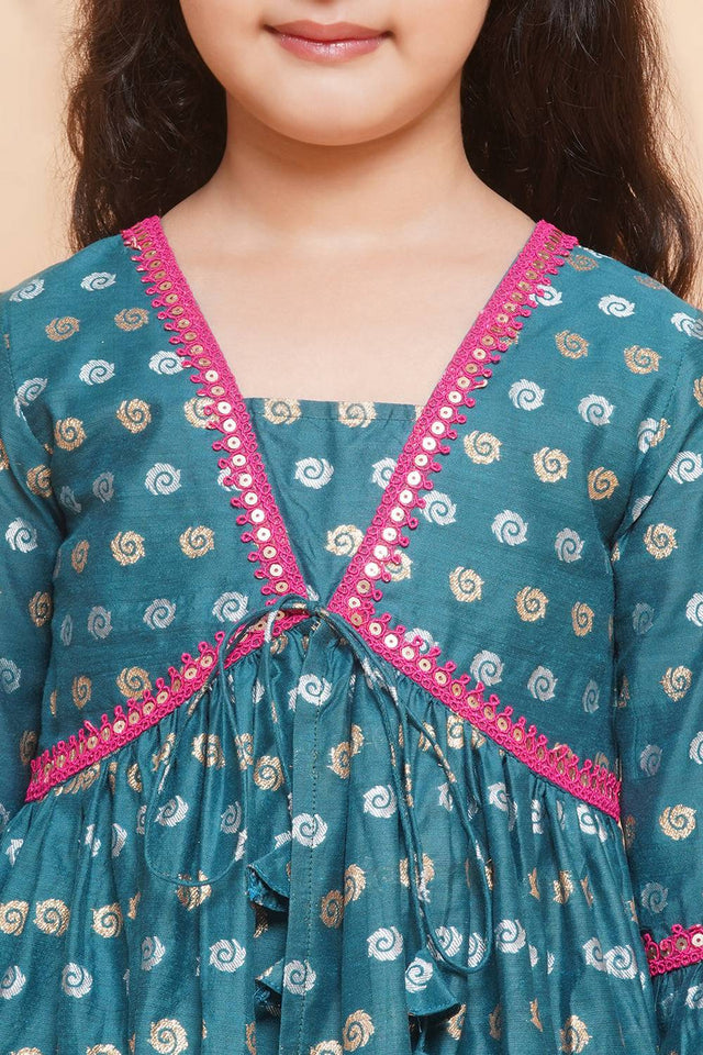 Girl's Turquoise Printed Silk Kurta Set