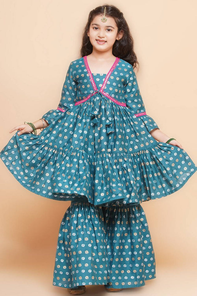 Girl's Turquoise Printed Silk Kurta Set