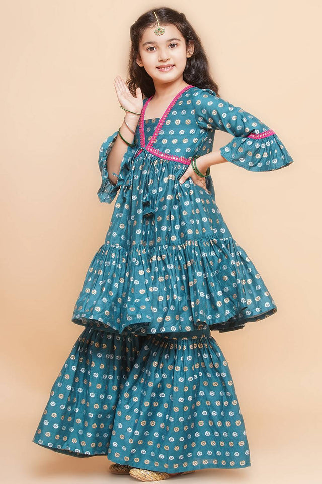 Girl's Turquoise Printed Silk Kurta Set