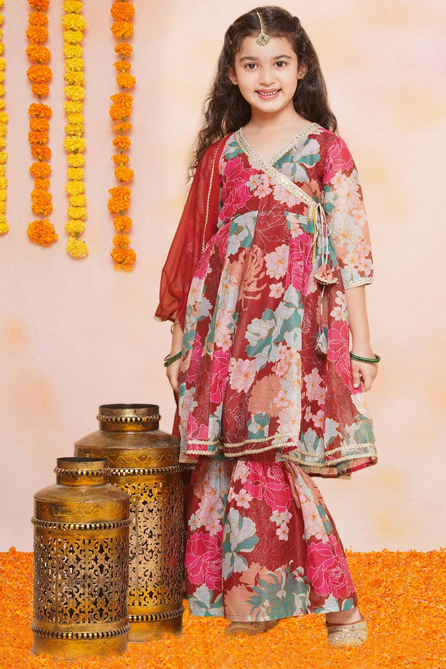 Girl's Maroon Floral Printed Silk Kurta Set