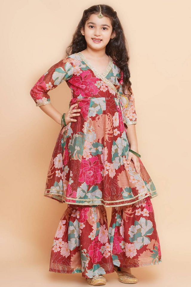 Girl's Maroon Floral Printed Silk Kurta Set