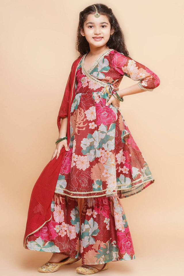 Girl's Maroon Floral Printed Silk Kurta Set