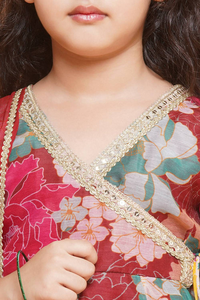 Girl's Maroon Floral Printed Silk Kurta Set