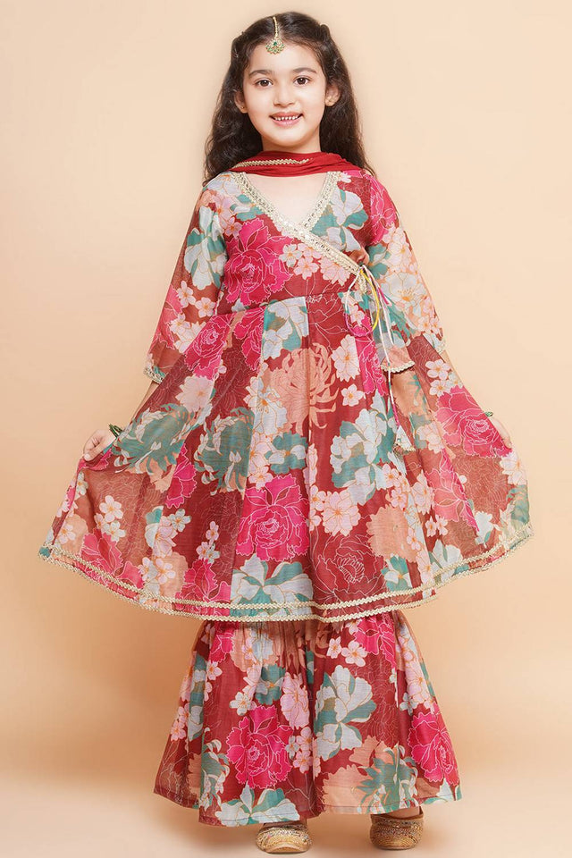 Girl's Maroon Floral Printed Silk Kurta Set