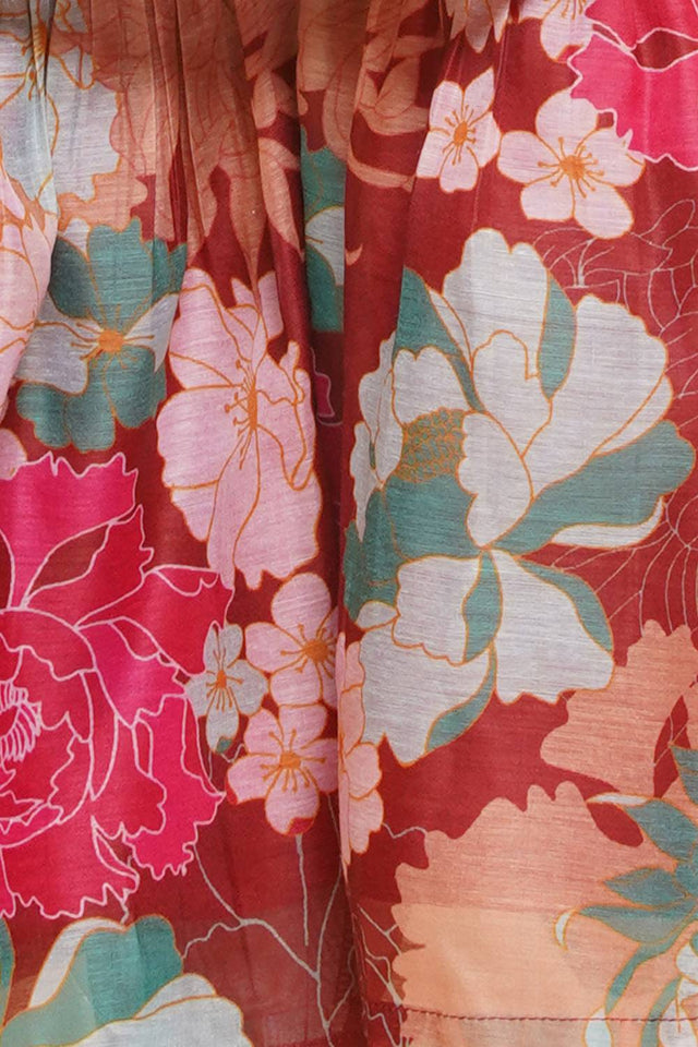 Girl's Maroon Floral Printed Silk Kurta Set