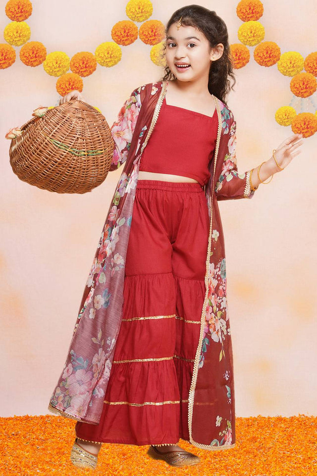 Girl's Maroon Floral Printed Silk Kurta Set