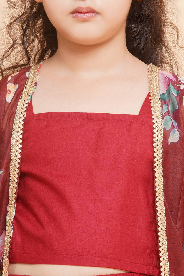 Girl's Maroon Floral Printed Silk Kurta Set