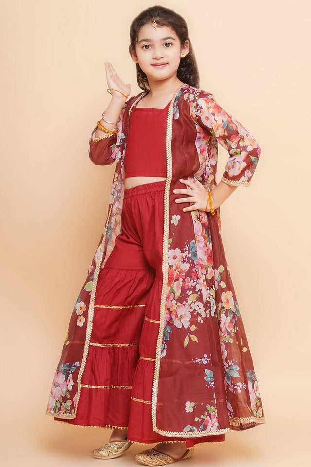 Girl's Maroon Floral Printed Silk Kurta Set