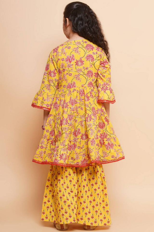 Girl's Yellow Floral Printed Cotton Kurta Set