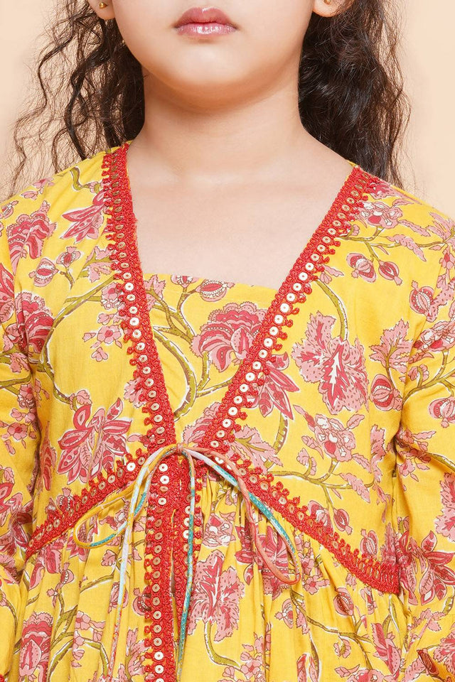 Girl's Yellow Floral Printed Cotton Kurta Set