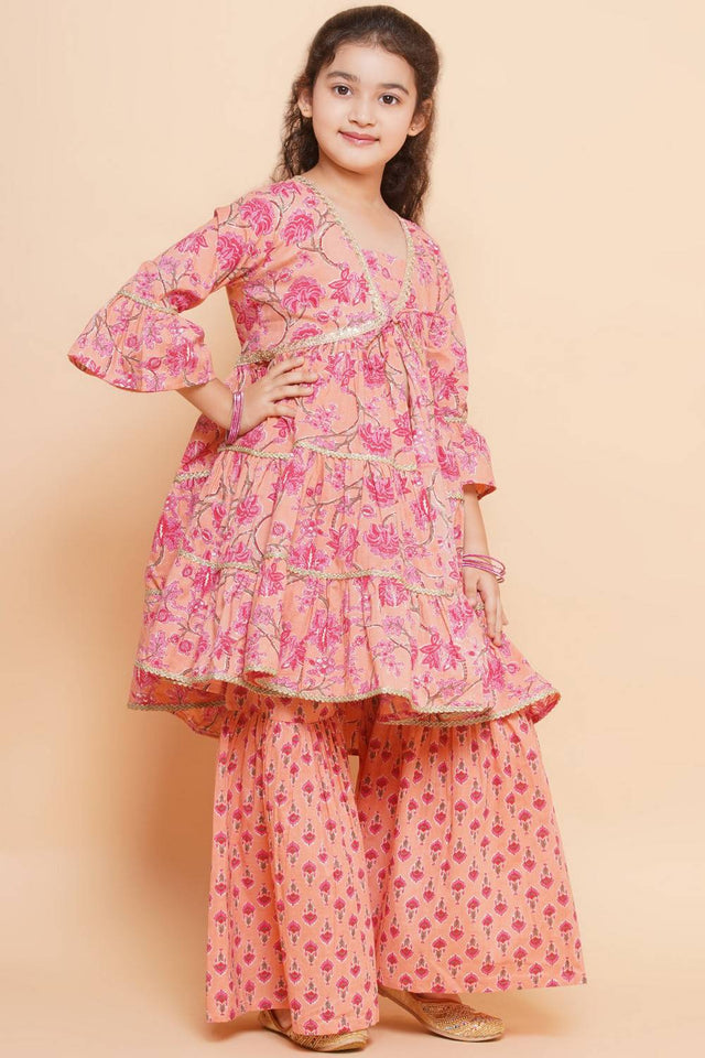 Girl's Peach Floral Printed Cotton Kurta Set