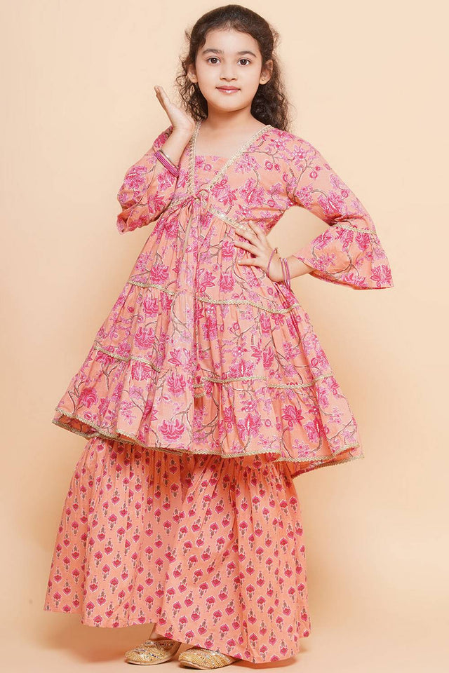 Girl's Peach Floral Printed Cotton Kurta Set