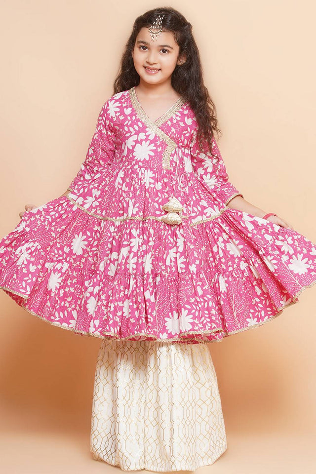 Girl's Pink Floral Printed Cotton Kurta Set