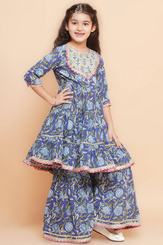 Girl's Blue Floral Printed Cotton Kurta Set