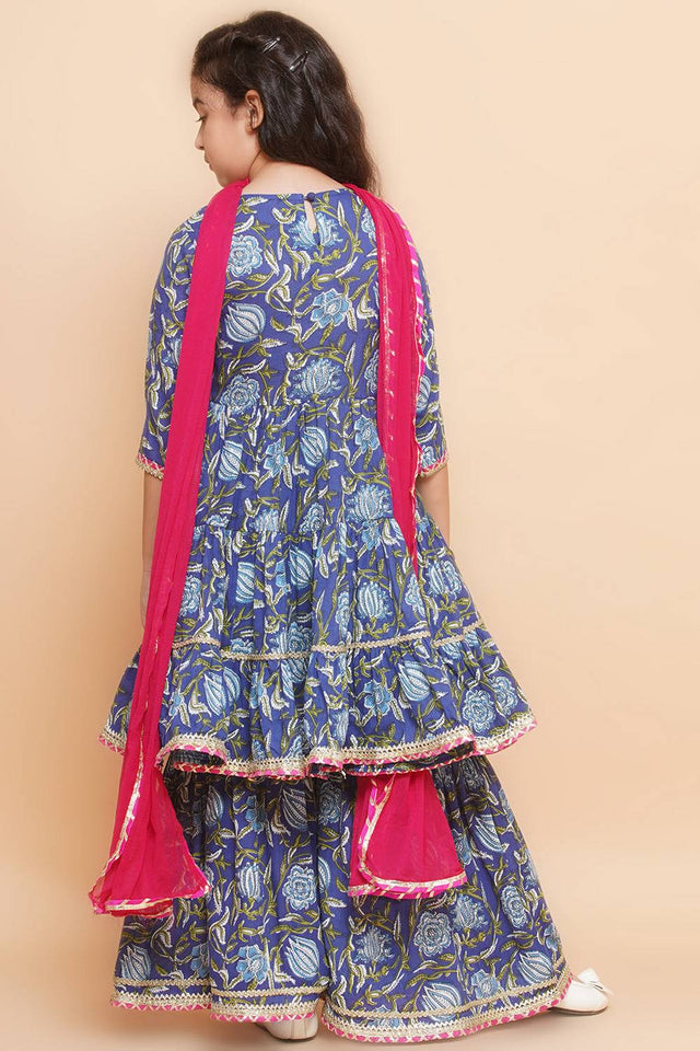 Girl's Blue Floral Printed Cotton Kurta Set