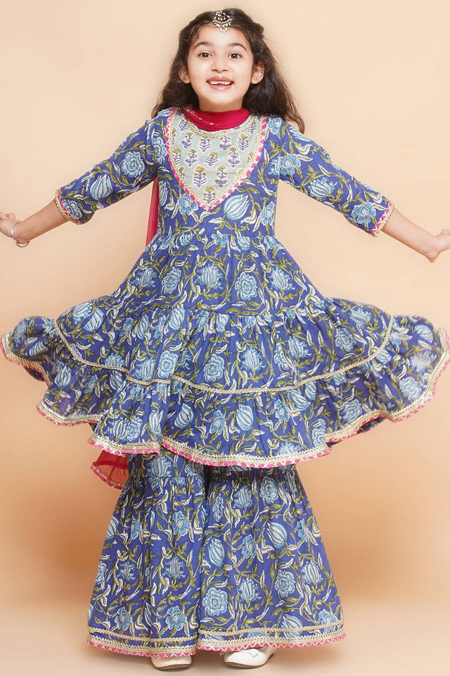 Girl's Blue Floral Printed Cotton Kurta Set