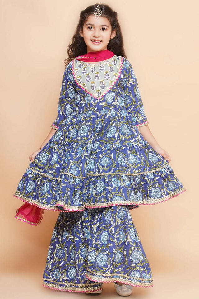 Girl's Blue Floral Printed Cotton Kurta Set