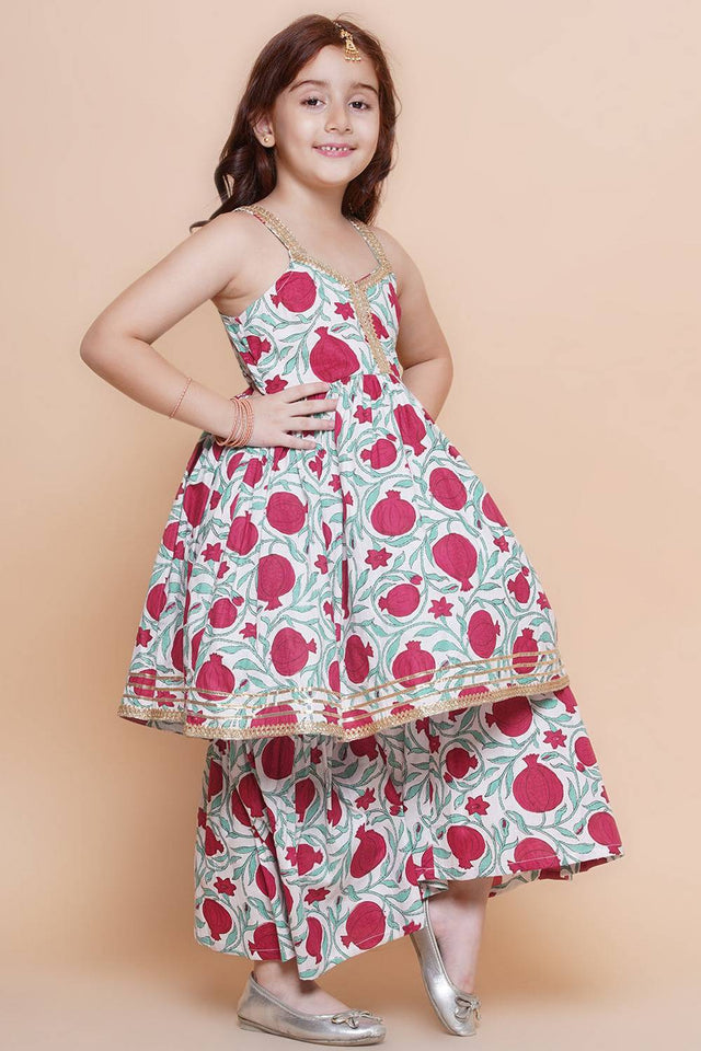 Girl's White Floral Printed Cotton Kurta Set