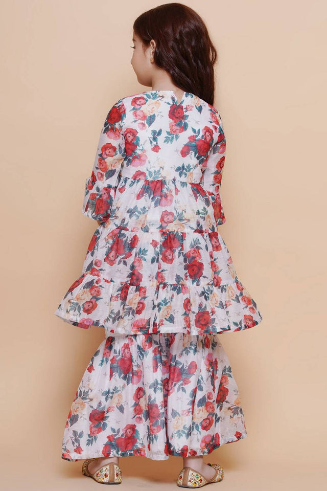 Girl's White Floral Printed Silk Kurta Set