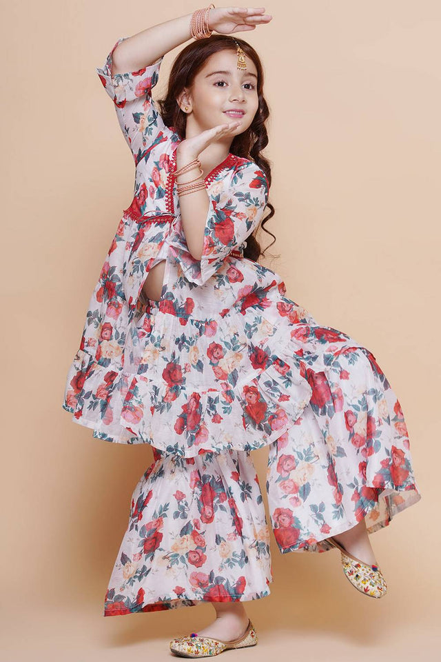 Girl's White Floral Printed Silk Kurta Set
