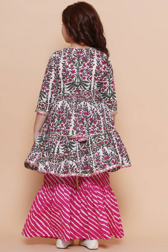 Girl's Multi-Color Floral Printed Cotton Kurta Set